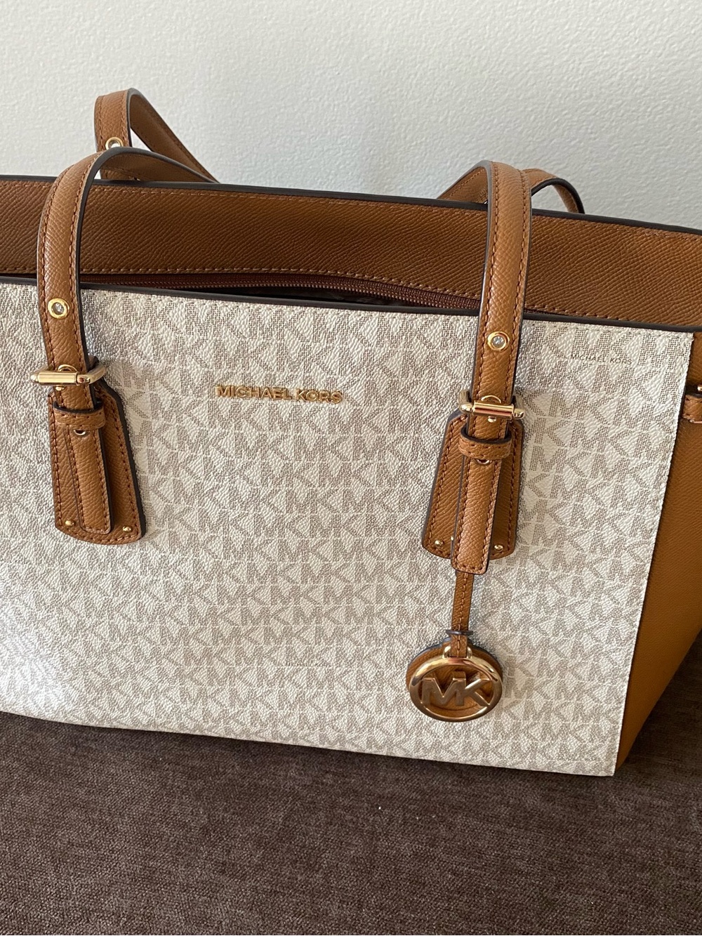 Michael Kors Beige Signature Tote with Brown Trim and Gold Hardware